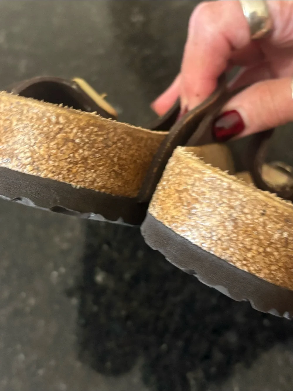 Birkenstock Metallic Brown T-Strap Sandals with Gold Accents